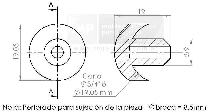 Media caña boton 3/4´ negro